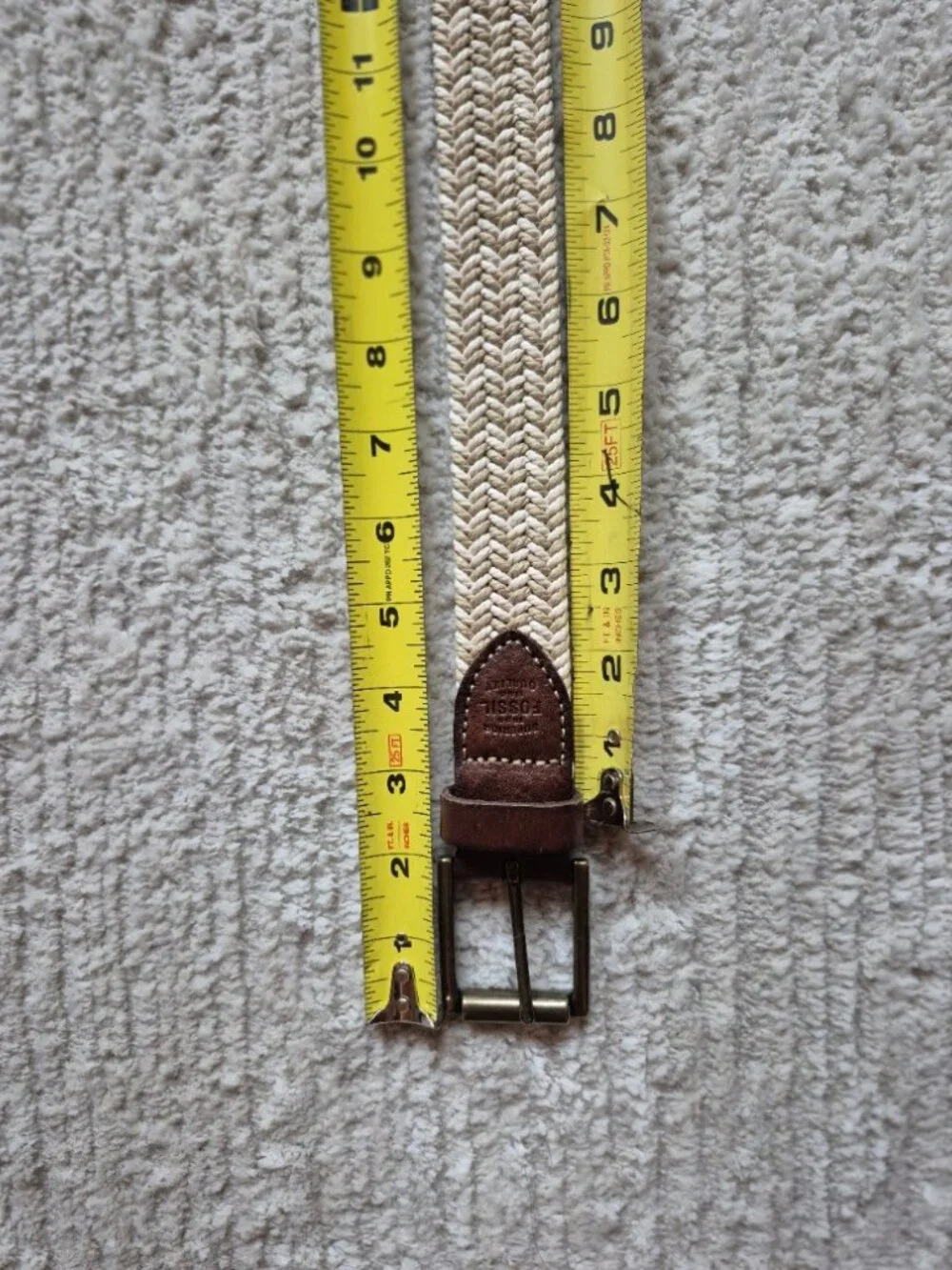 Fossil Kyle Khaki Belt Braided Rope & Leather Trim Adjustable Cream Tan Size 34